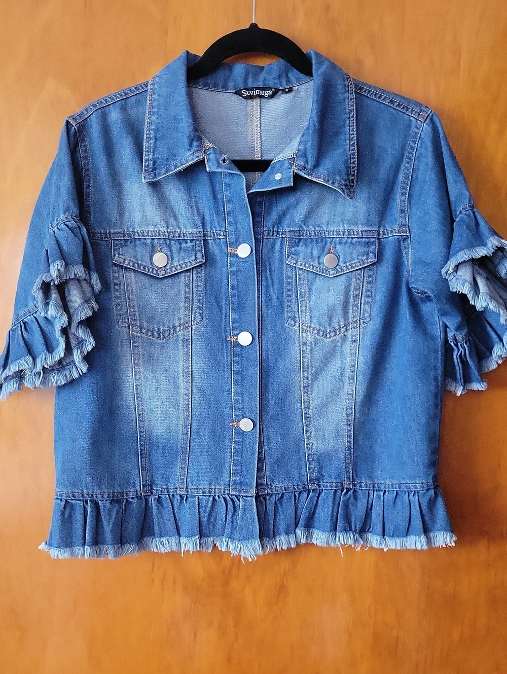Suvimuga Blue Ruffle-Trim Denim Jacket
